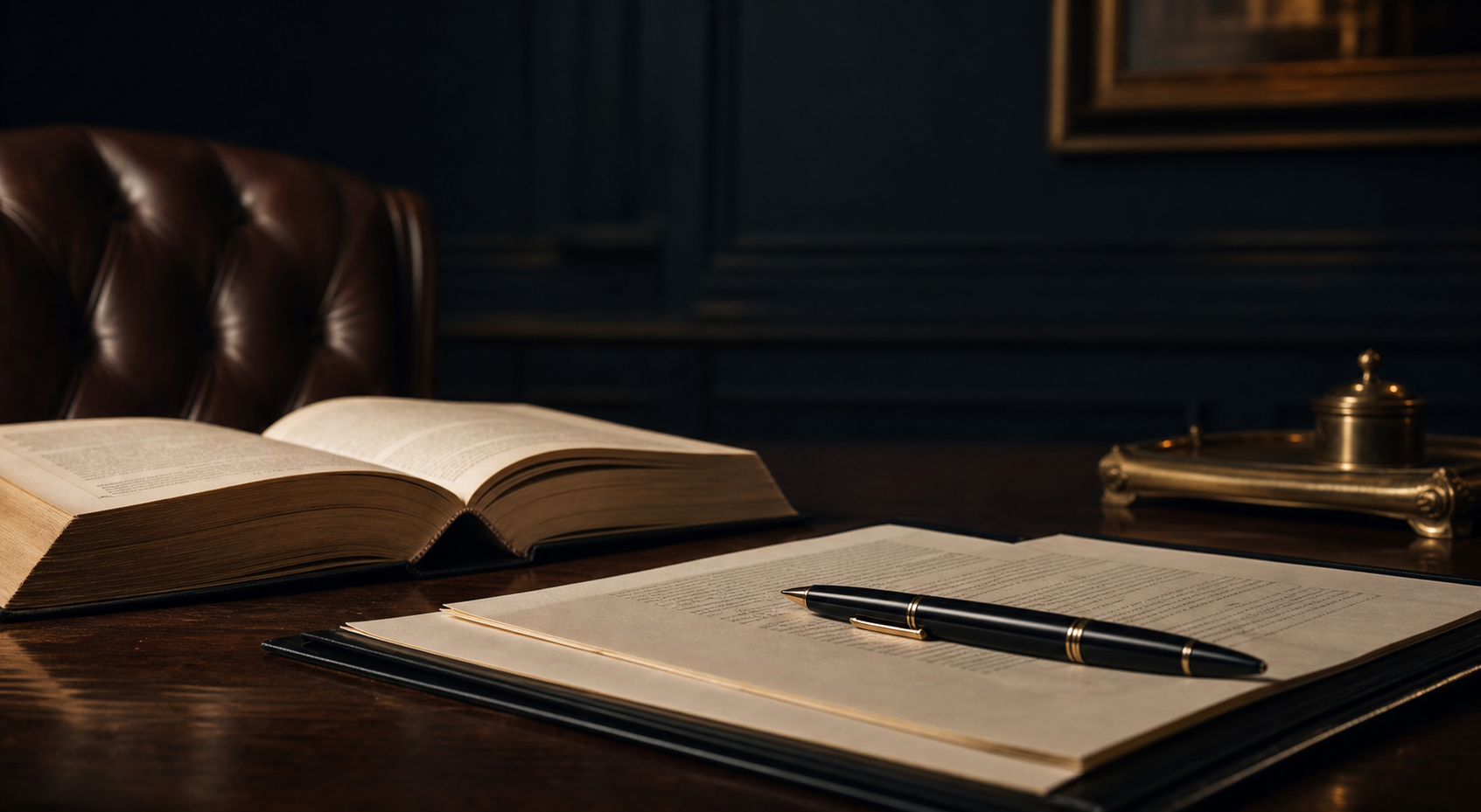 Открытая юридическая книга, документы и ручка